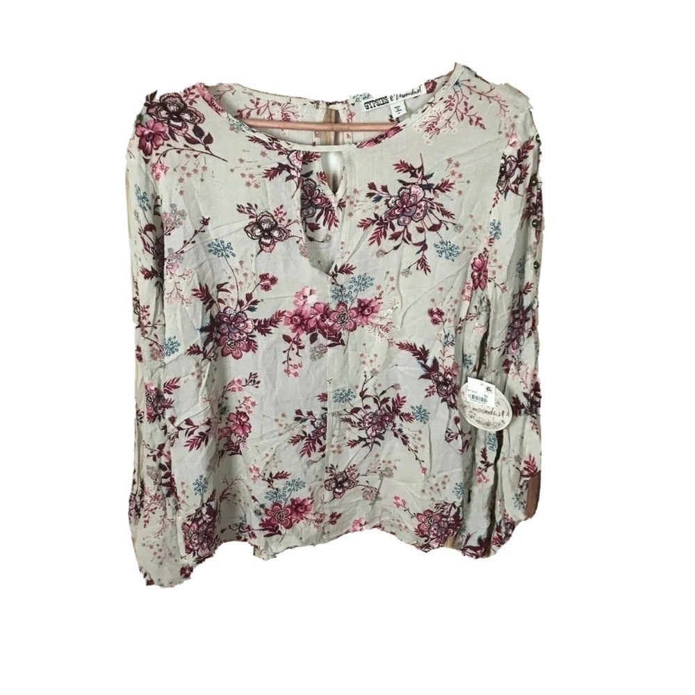 Gypsies & Moondust Floral Top Bell Button Sleeve Boho Size Medium New Cream